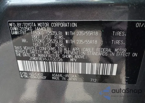 2018 Toyota Rav4 Limited из США, поврежденный, VIN JTMDFREV6JJ730726